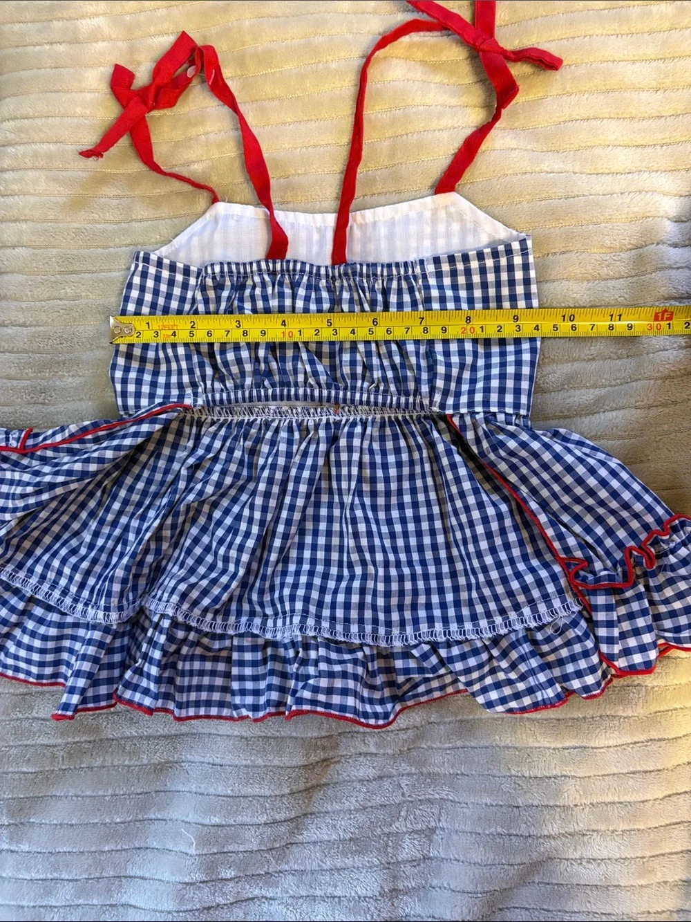 Blue Gingham Dog Dress with Red Trim and Bow